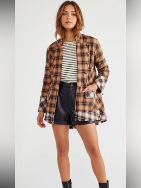 Free People Taylor Military Plaid Jacket Brown Tartan Shacket Small Boho Preppy